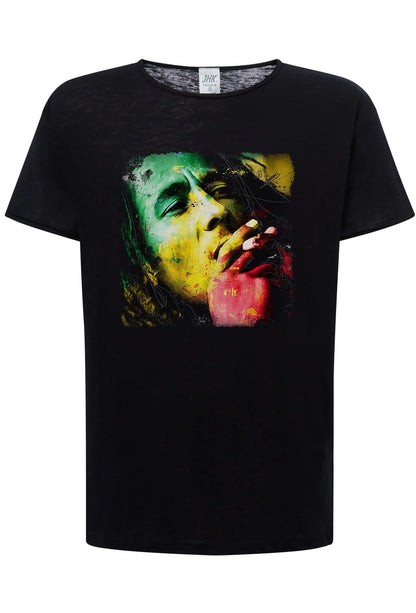 T-shirt streetwear nera in cotone con stampa colorata di volto famoso stile urban arte pop.