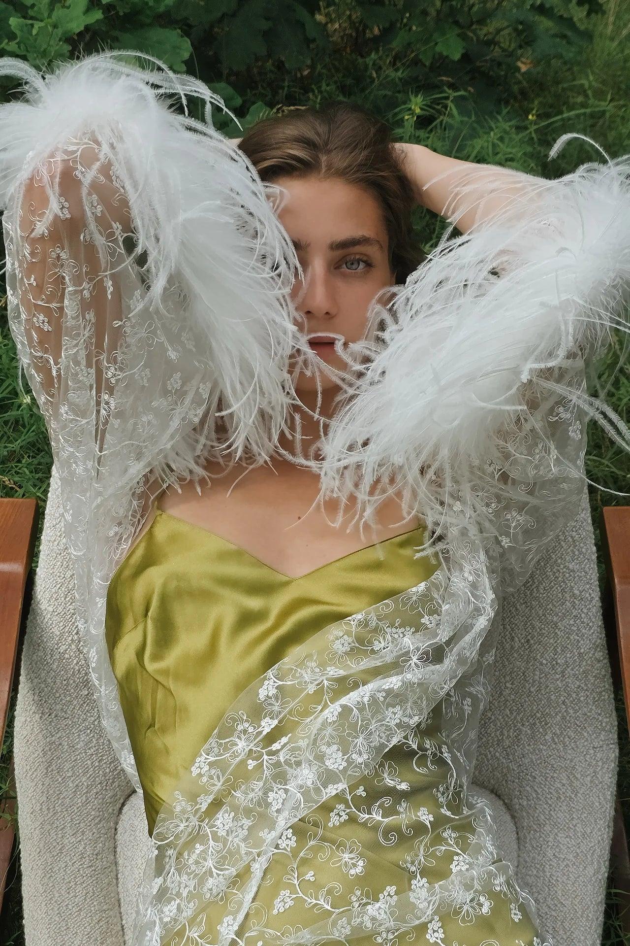 Amoralle Bare Daylight Robe for Women – Sheer French Chantilly Lace Robe with Hand-Sewn Ostrich Feathers, Elegant Long Kimono Bridal & Lounge Cover-Up - STREET STYLE