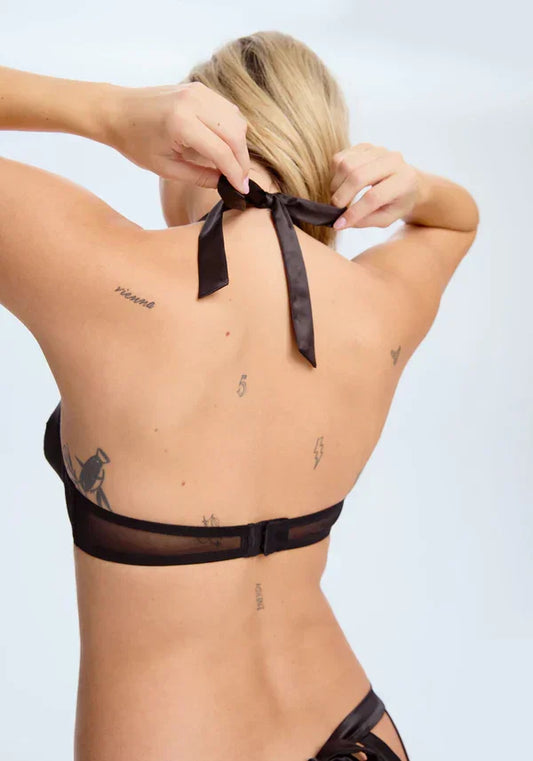 Satin & Sheer Open Cup Bra Blush Tempt Black - STREET STYLE