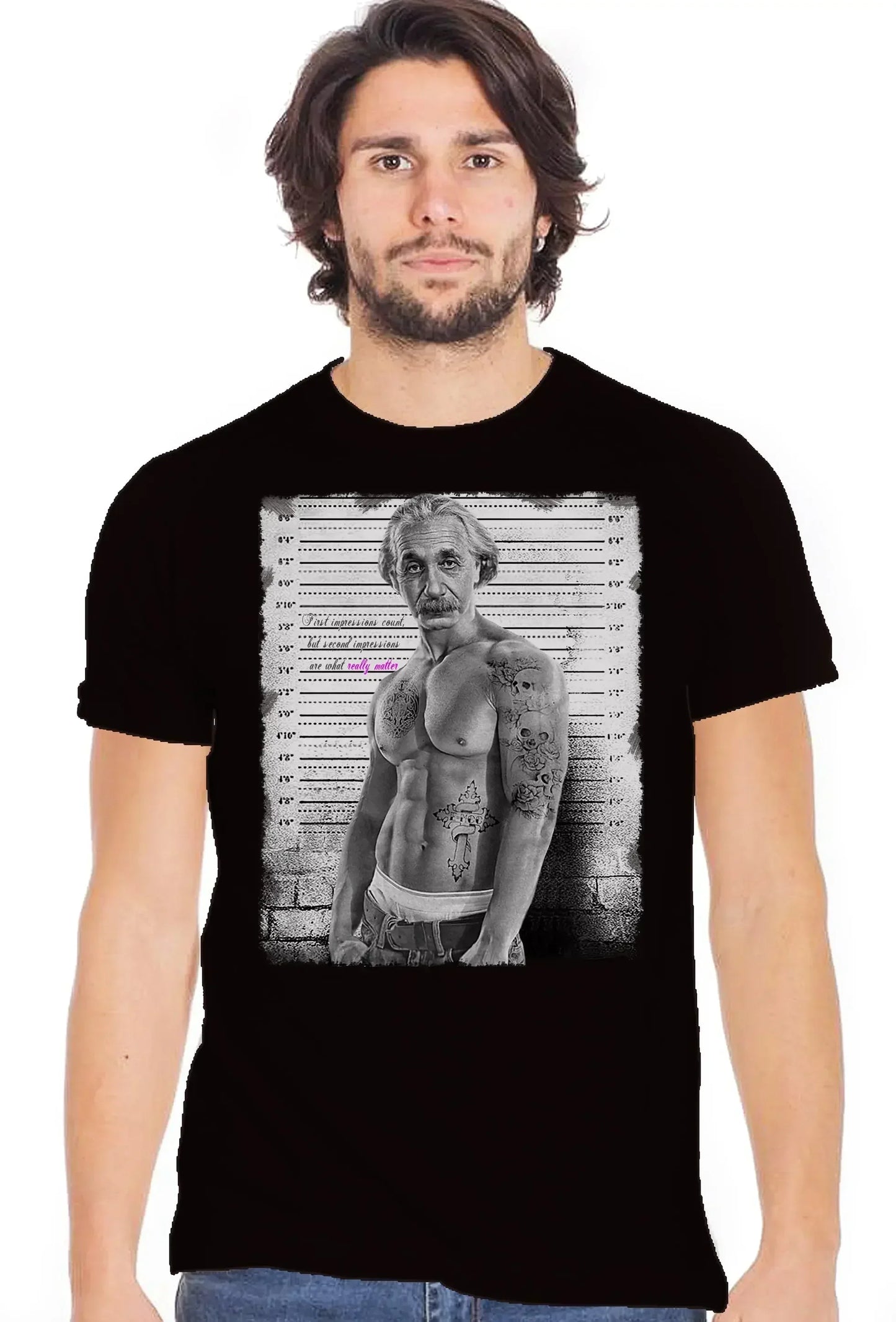 Einstein Tatuato Muscle Muscoloso Carcerato 2075-7 T-Shirt Urban Men Uomo 100% Cotone Fiammato BS - STREET STYLE