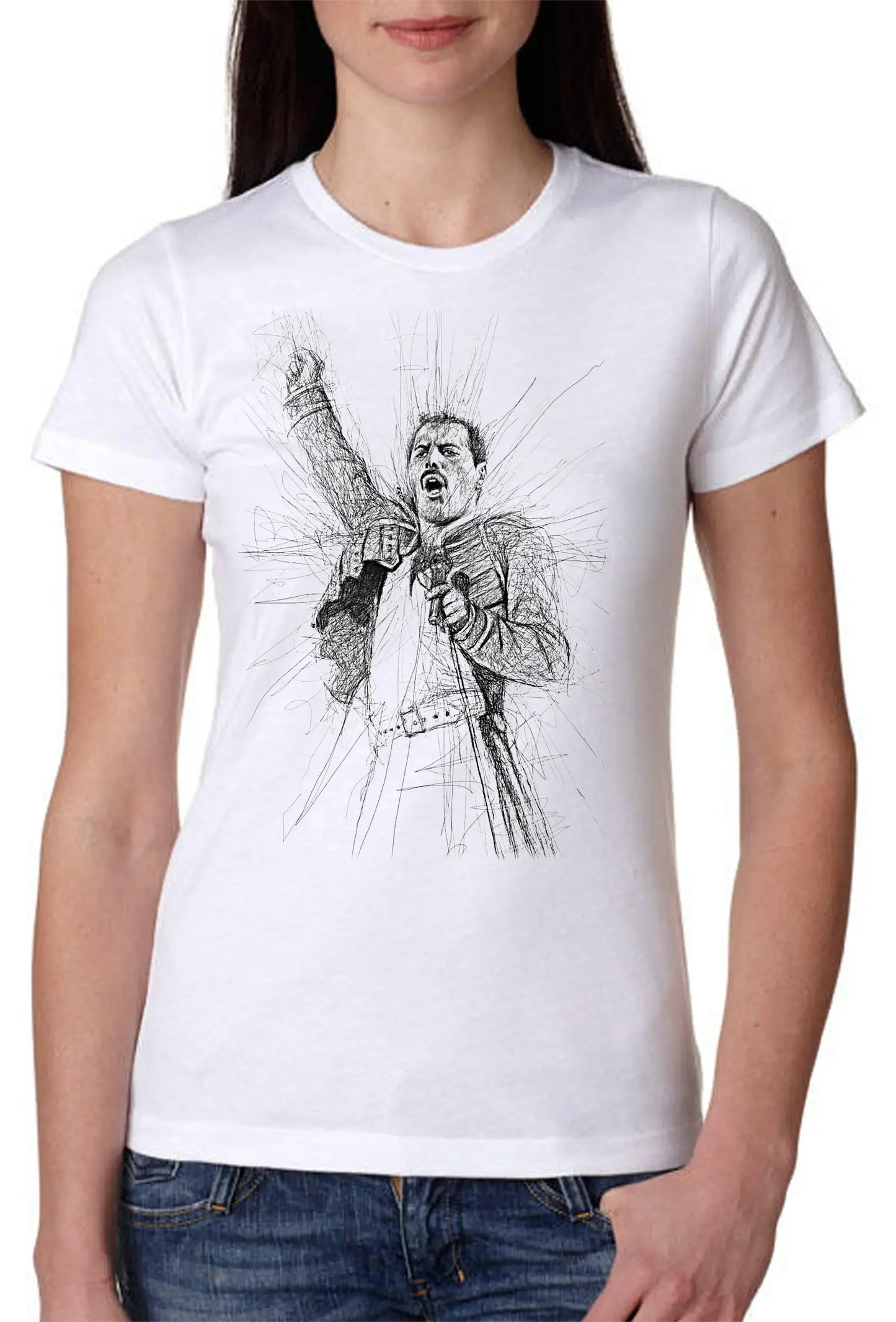 T-shirt bianca streetwear in cotone pettinato con disegno artistico di una celebrità, stile urban.