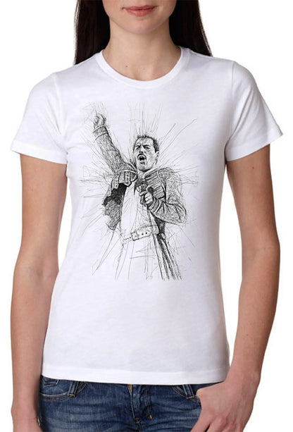 T-shirt bianca streetwear in cotone pettinato con disegno artistico di una celebrità, stile urban.