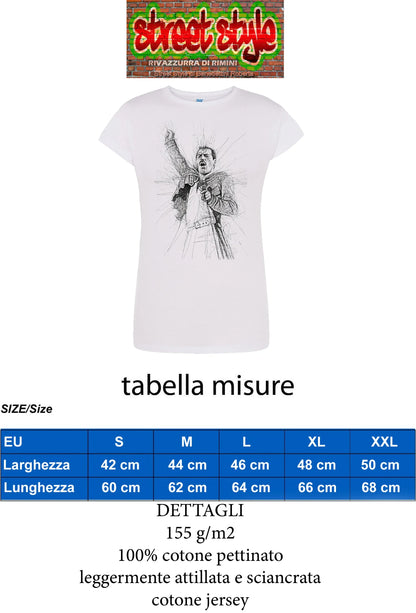 T-shirt bianca streetwear in cotone pettinato, stampa sketch stilizzato frontale, stile urban.