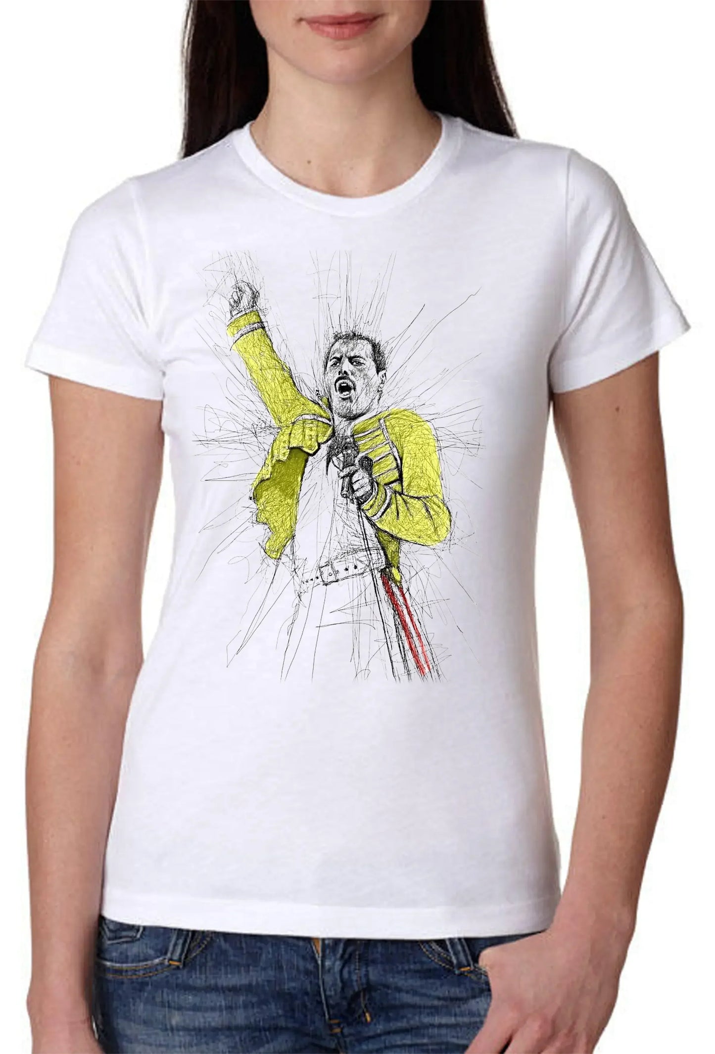 T-shirt bianca streetwear da donna in cotone pettinato con illustrazione urban colorata.