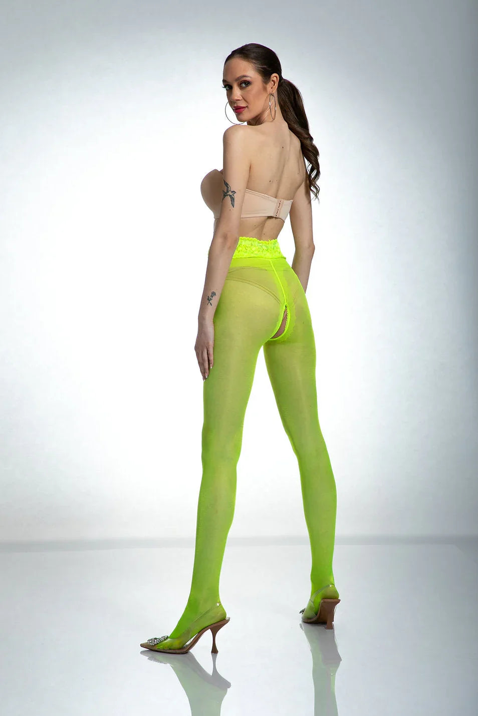 Open Crotch Pantyhose 30DEN Hip Lace Fluo Yellow - STREET STYLE
