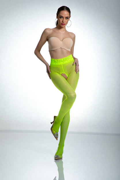 Open Crotch Pantyhose 30DEN Hip Lace Fluo Yellow - STREET STYLE