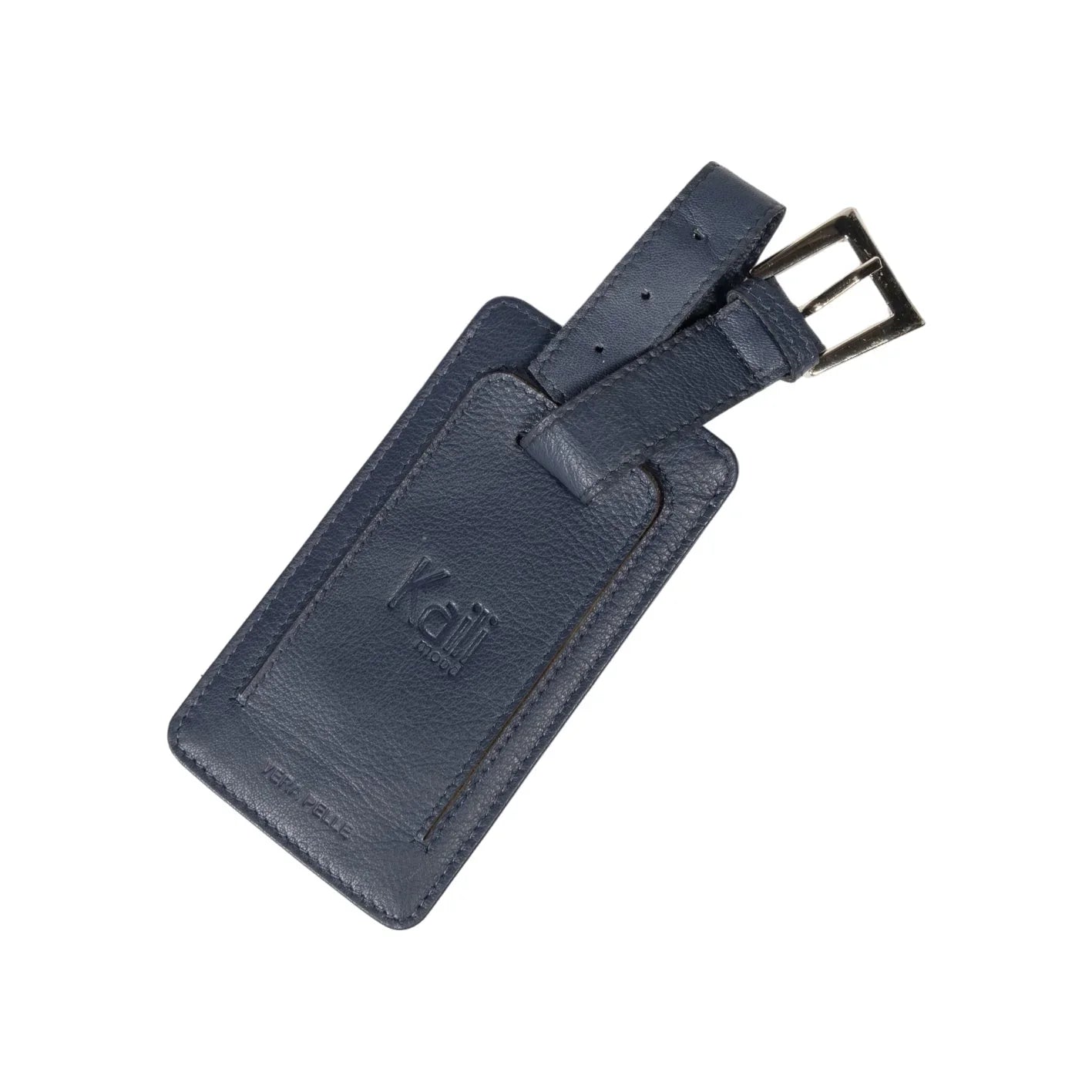 K0006DB | Luggage tag in genuine full grain leather with light grain. Blue colour. Adjustable strap. Dimensions: 12 x 6.5 x 1 cm - Packaging: Rigid bottom/lid gift box - STREET STYLE