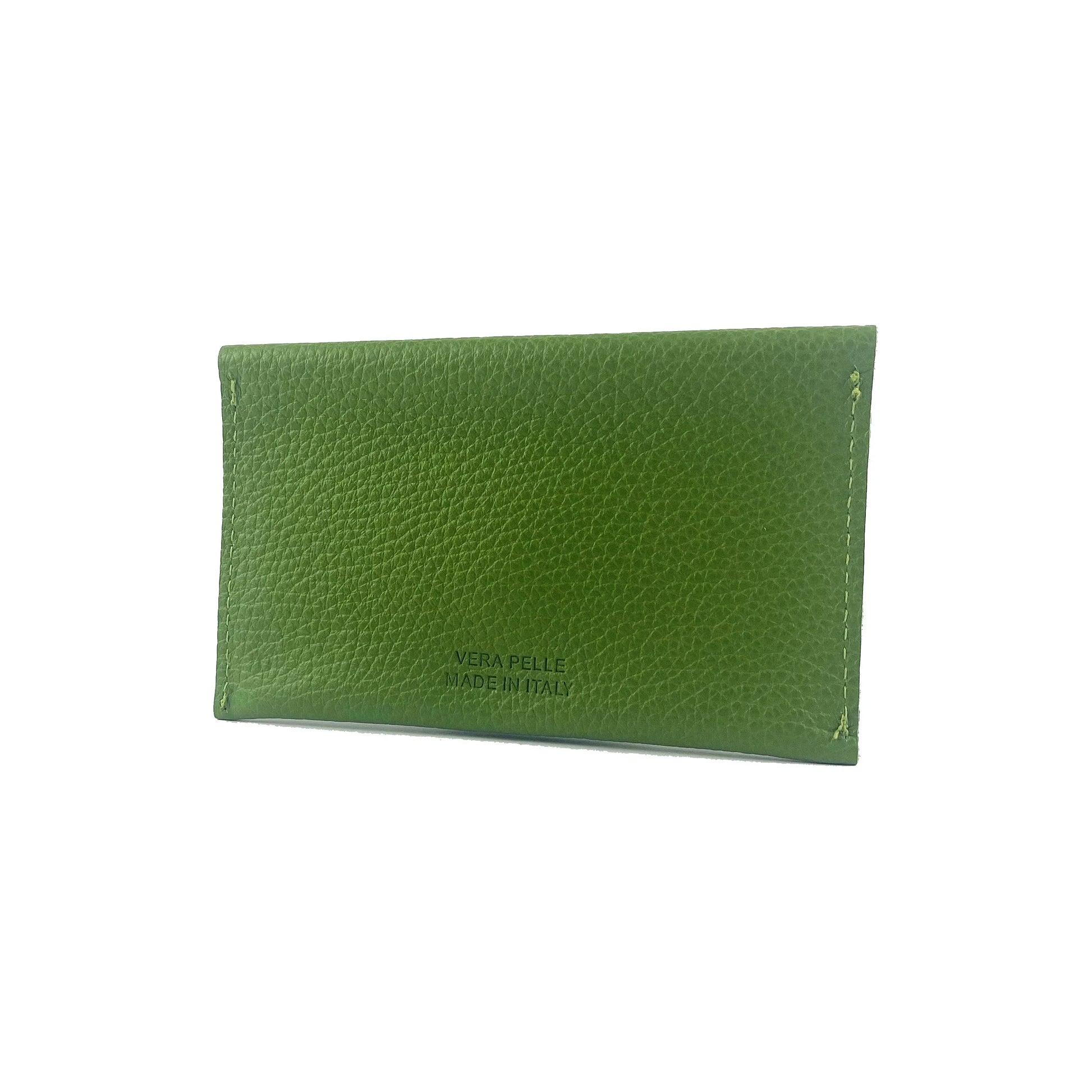 K0040EB | Sachet with flap Made in Italy in genuine full grain leather, dollar grain - Green color - Dimensions: 13 x 8 x 0.5 cm - Packaging: Rigid bottom/lid gift box - STREET STYLE