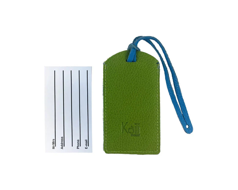 K0041EOB | Two-tone luggage tag Made in Italy in genuine full-grain leather, dollar grain - Green/light blue color - Dimensions: 6.5 x 12 cm - Packaging: Rigid bottom/lid gift box - STREET STYLE
