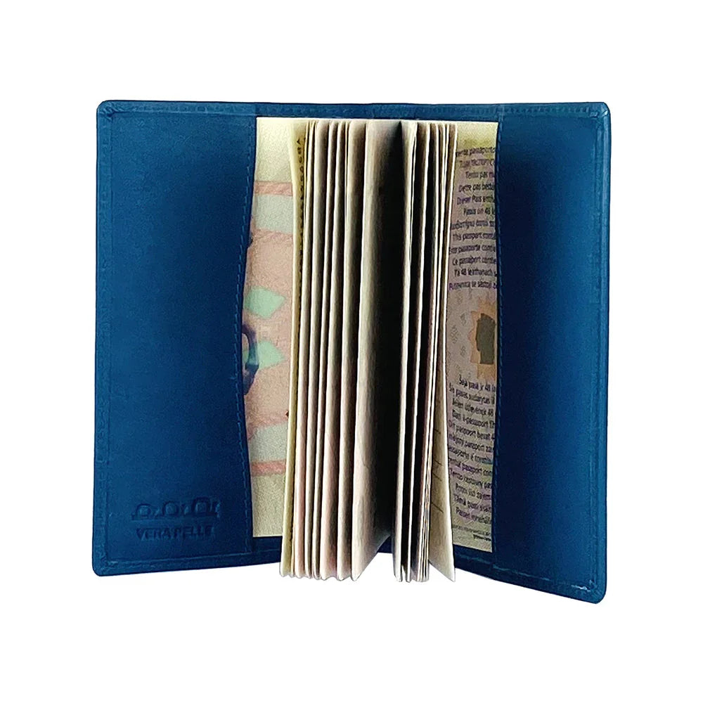 K10237MB | Passport Cover in Genuine Full Grain Leather, with light grain. Color Blue Jeans. Dimensions when closed: 10 x 14 x 1 cm - Packaging: Rigid bottom/lid gift box - STREET STYLE
