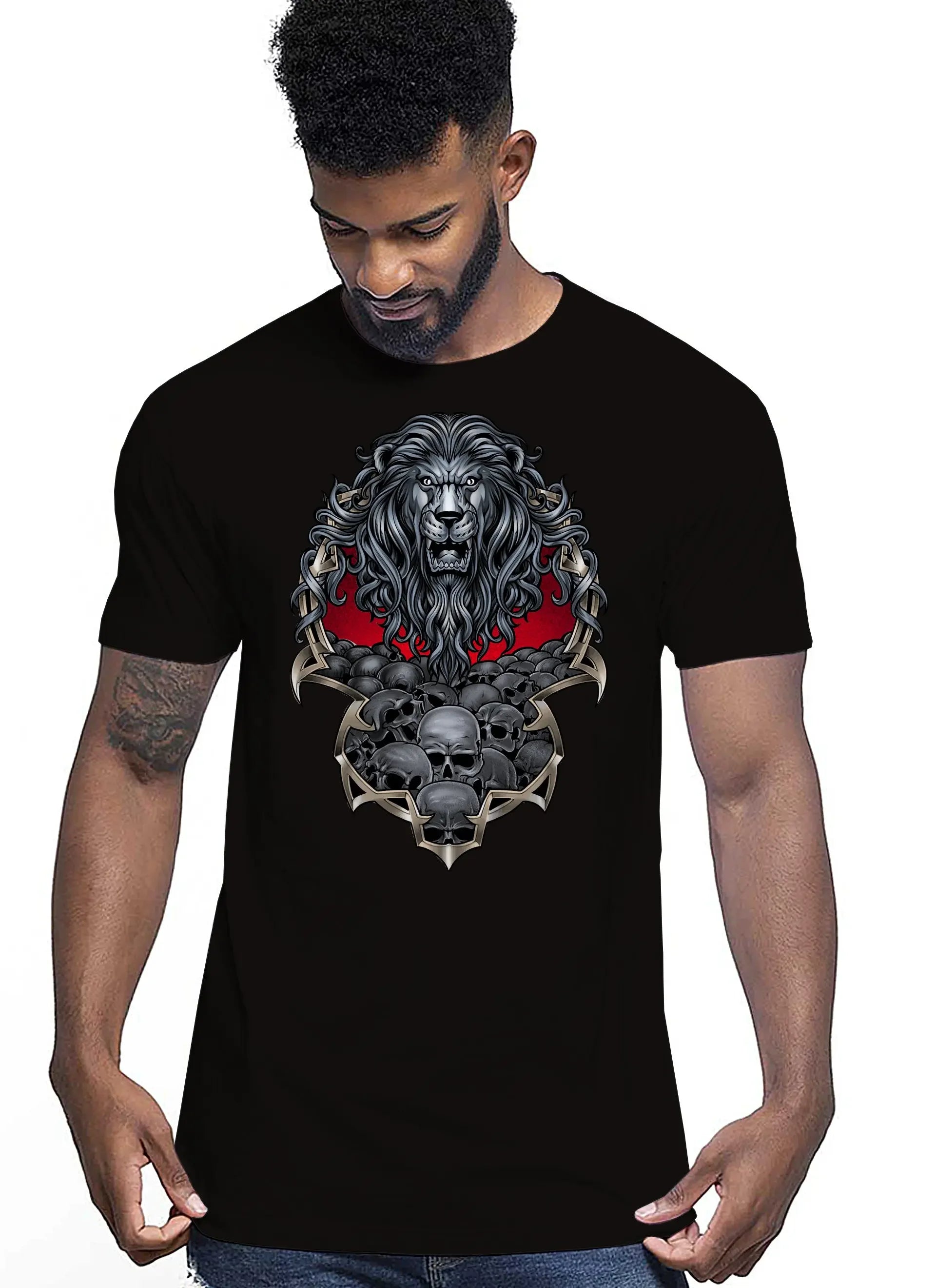 Lion Skull Tattoo 9044 T-shirt Urban Men Uomo 100% Cotone Pettinato JK - STREET STYLE