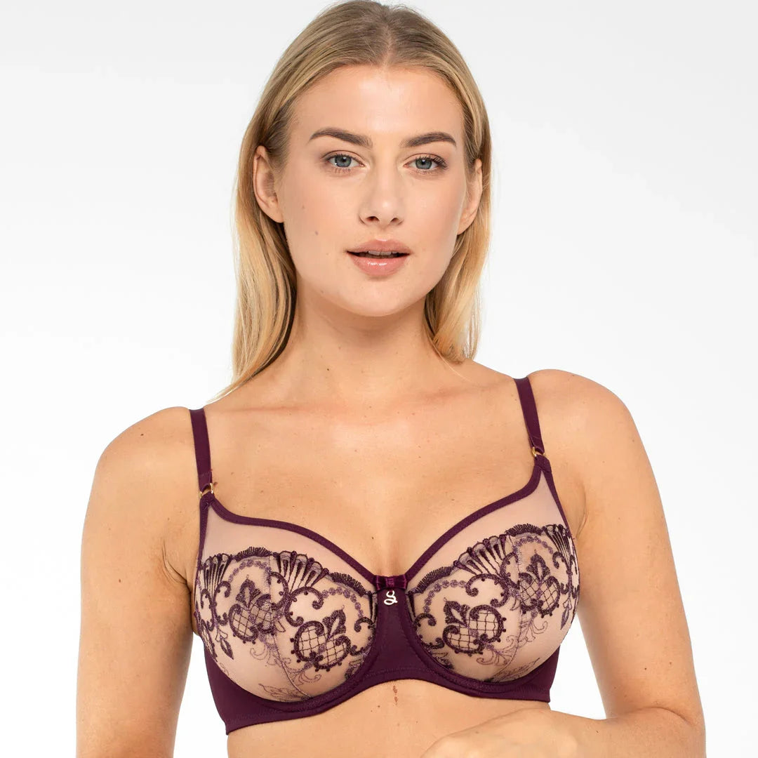Sheer Mesh Embroidered Full Figure Bra Perla Aubergine - STREET STYLE