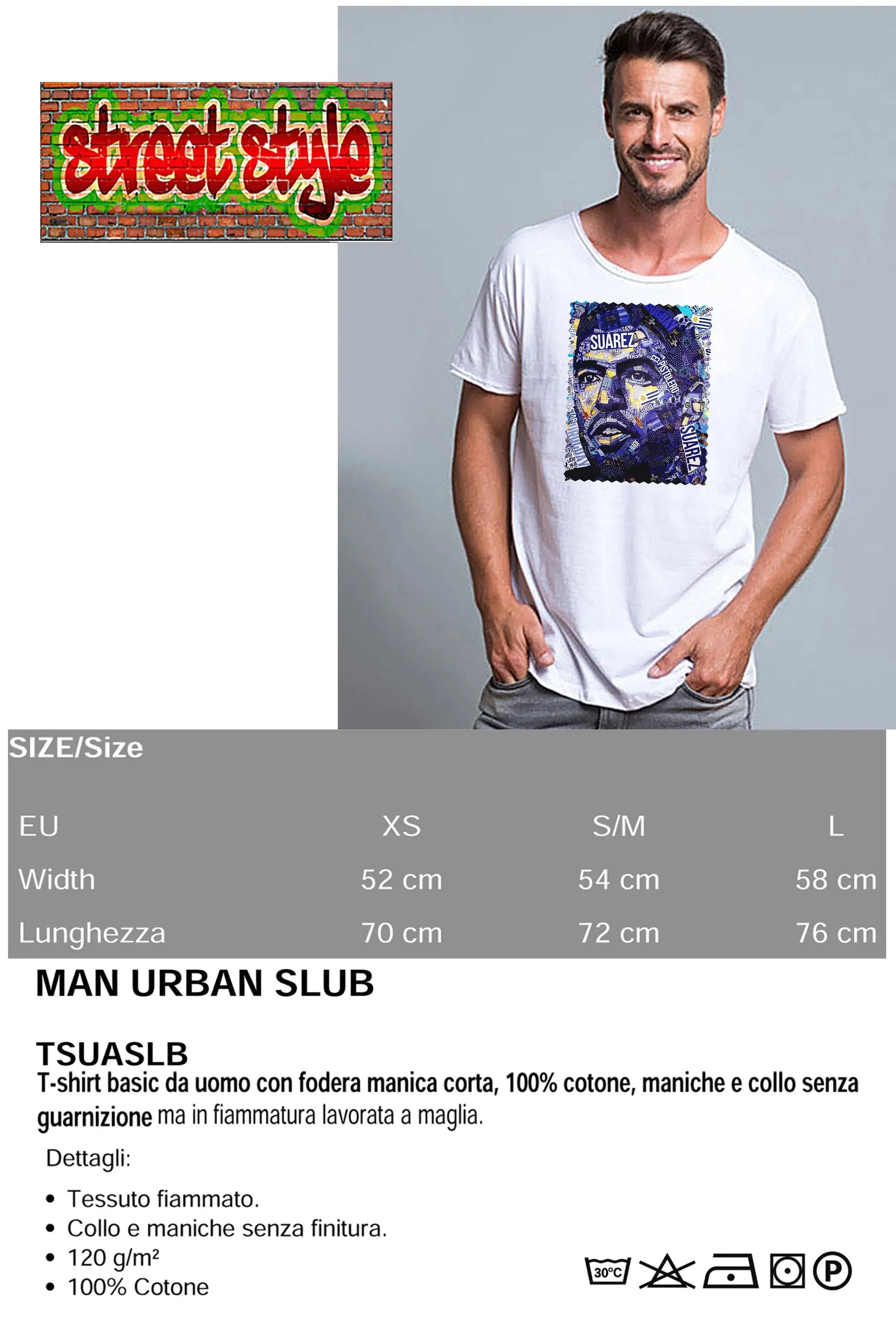 Portrait Suarez Color Artistico Stilizzato 18-30-21 T-shirt Urban Slub Men Uomo 100% Cotone Fiammato JK - STREET STYLE