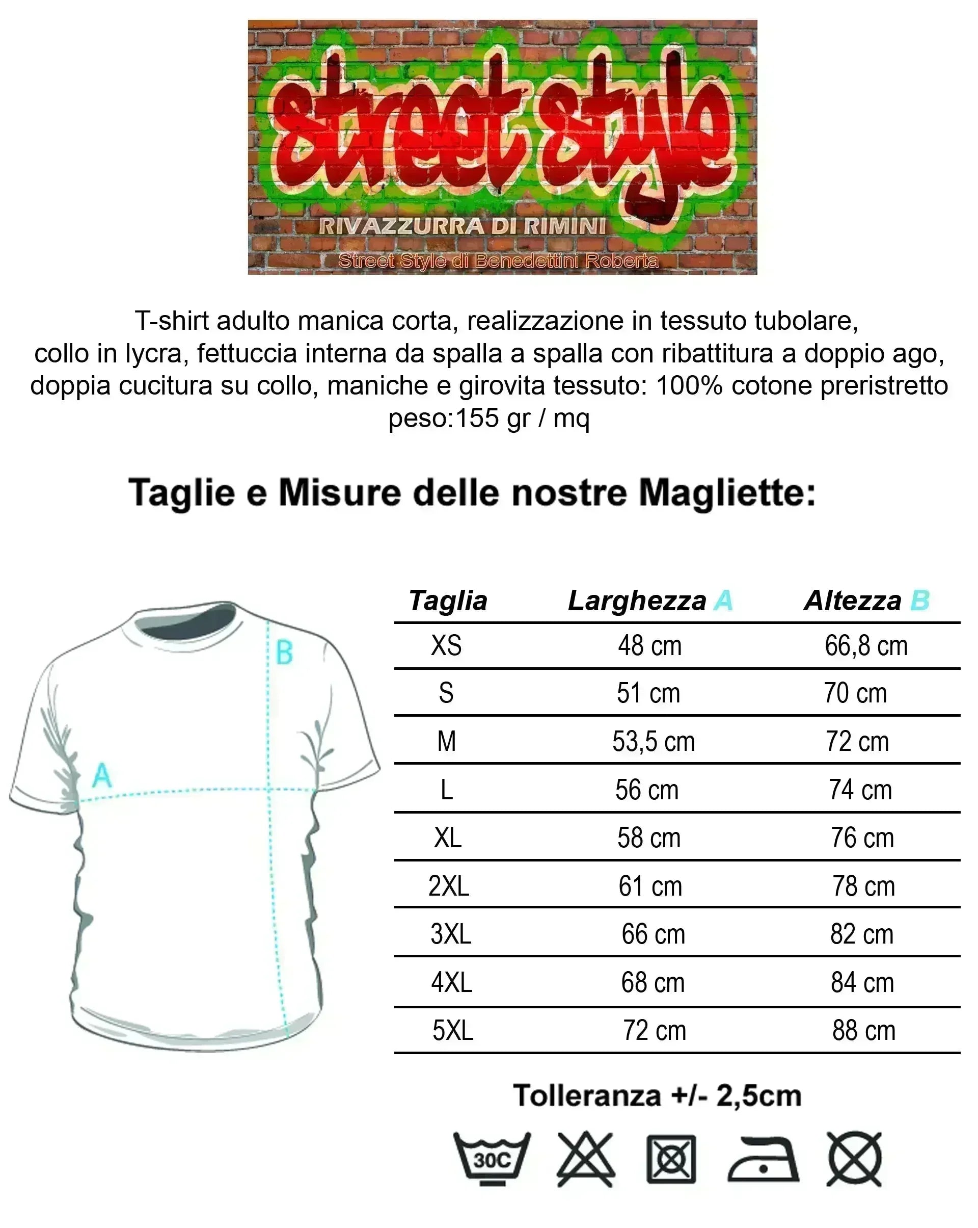 Tabella taglie e dettagli T-shirt urban streetwear uomo, cotone bianco, manica corta.