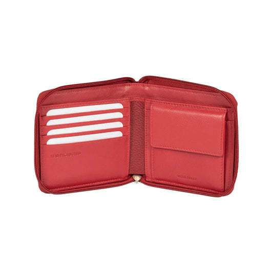 RB12175V | Zip Around Wallet in Genuine Full Grain Leather, Dollar Grain/Light. Color Red. RFID Protection. Closed Dimensions: 11.5 x 10.5 x 2 cm. Packaging: Gift Box Bottom/Lid - STREET STYLE