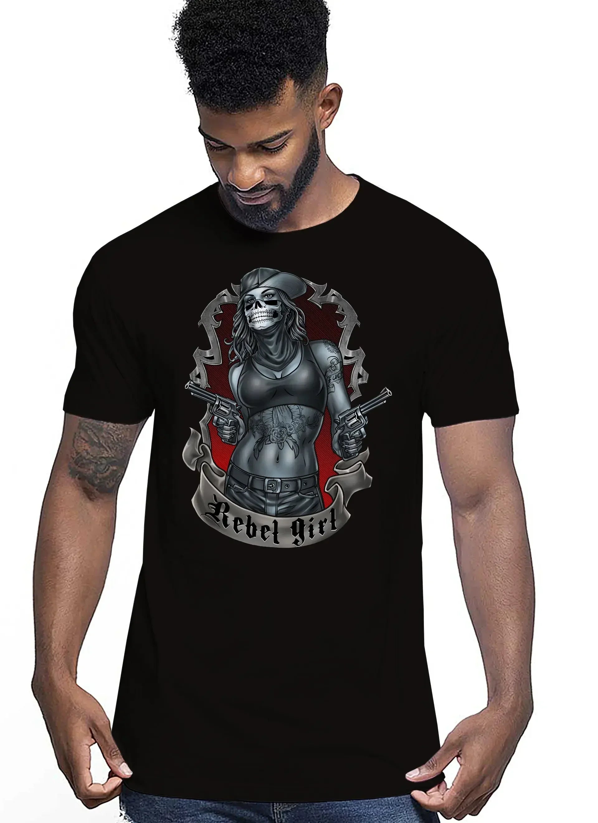 Rebel Girl Skull Tattoo 9046 T-shirt Urban Men Uomo 100% Cotone Pettinato JK - STREET STYLE