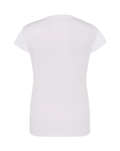 T-shirt da donna bianca in cotone pettinato, stile streetwear urban, vista posteriore.