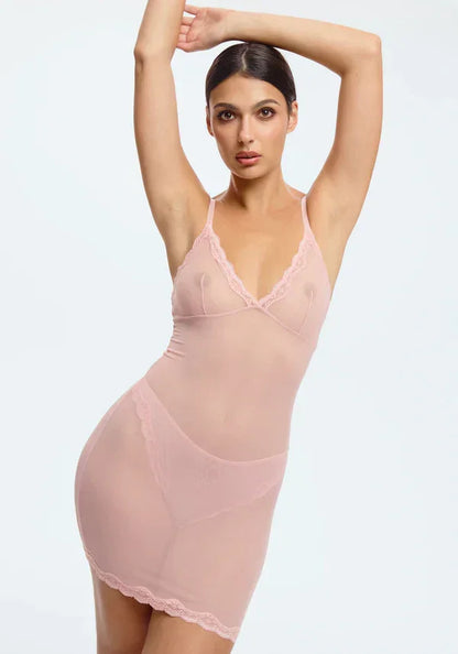 Sheer Mesh Lace Trim Slip Dress Blush Lotus Rosewater - STREET STYLE