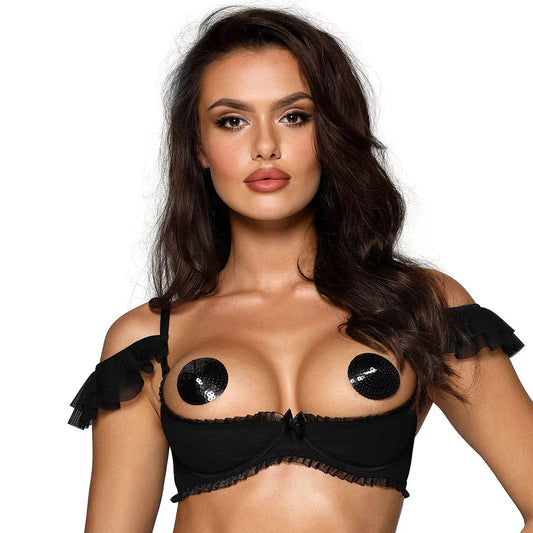 Sexy Ruche Open Cup Shelf Bra Axami Sweet Angel Black - STREET STYLE