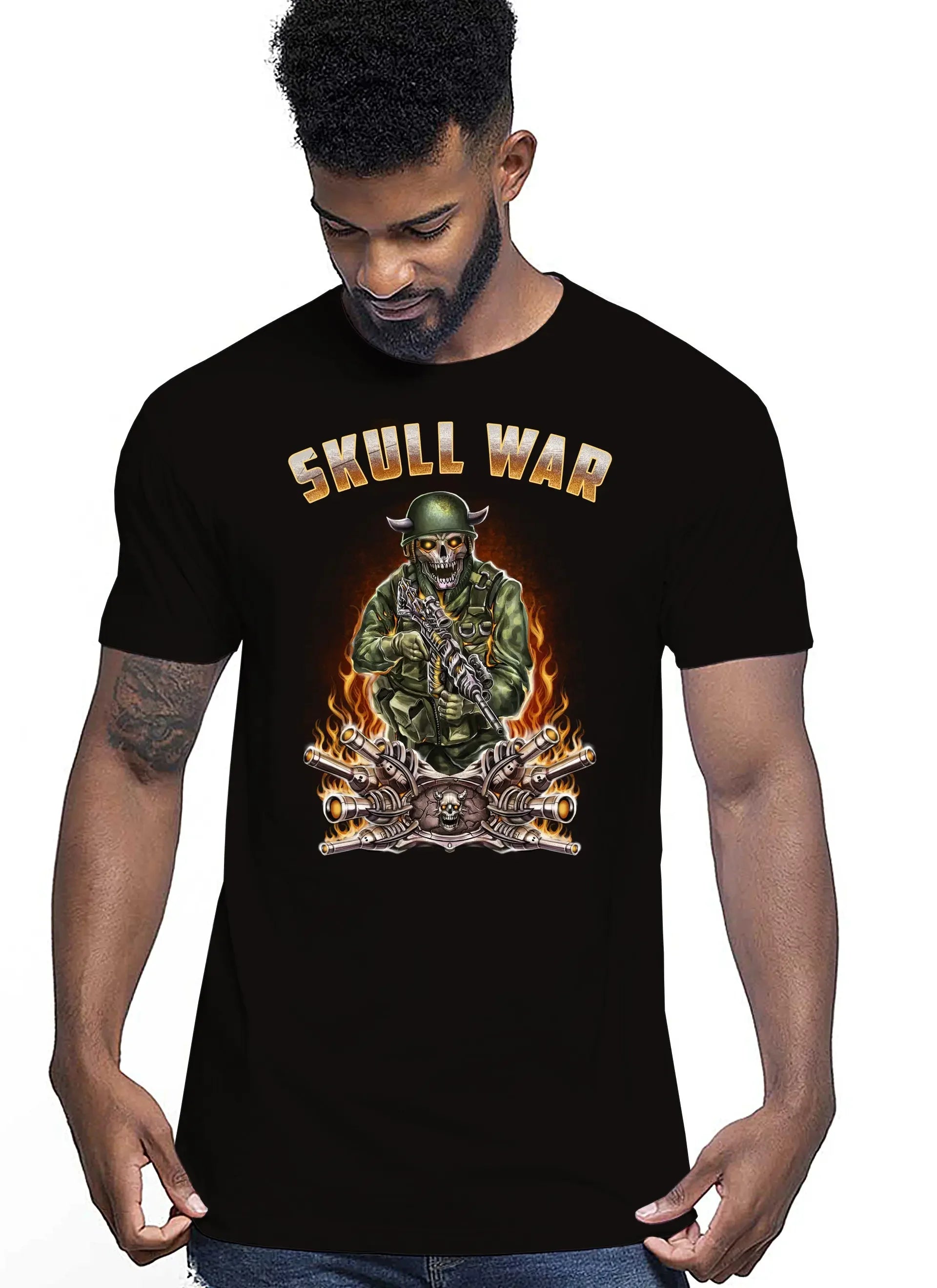 War Skull Tattoo 9053 T-shirt Urban Men Uomo 100% Cotone Pettinato JK - STREET STYLE