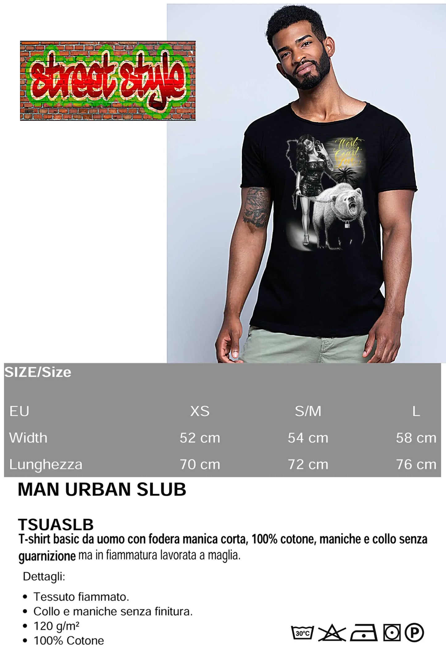T-shirt Uomo West Coast Tattoo Skull | Cotone Fiammato - STREET STYLE