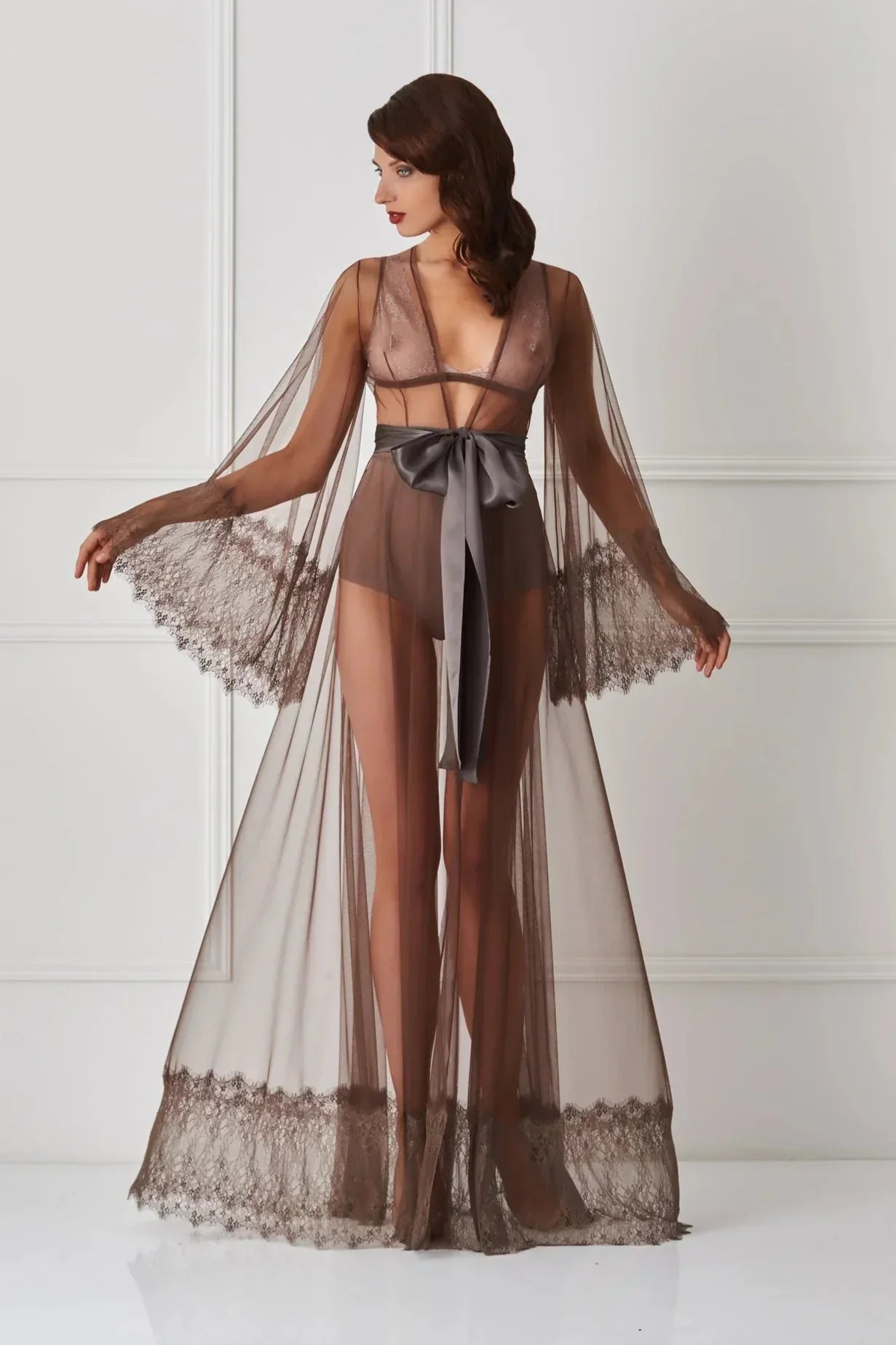 Amoralle Appetizing Robe for Women – Sheer Tulle Robe with Lace Accents and Satin Belt, Elegant Brown Long Bridal & Lounge Cover-Up - STREET STYLE