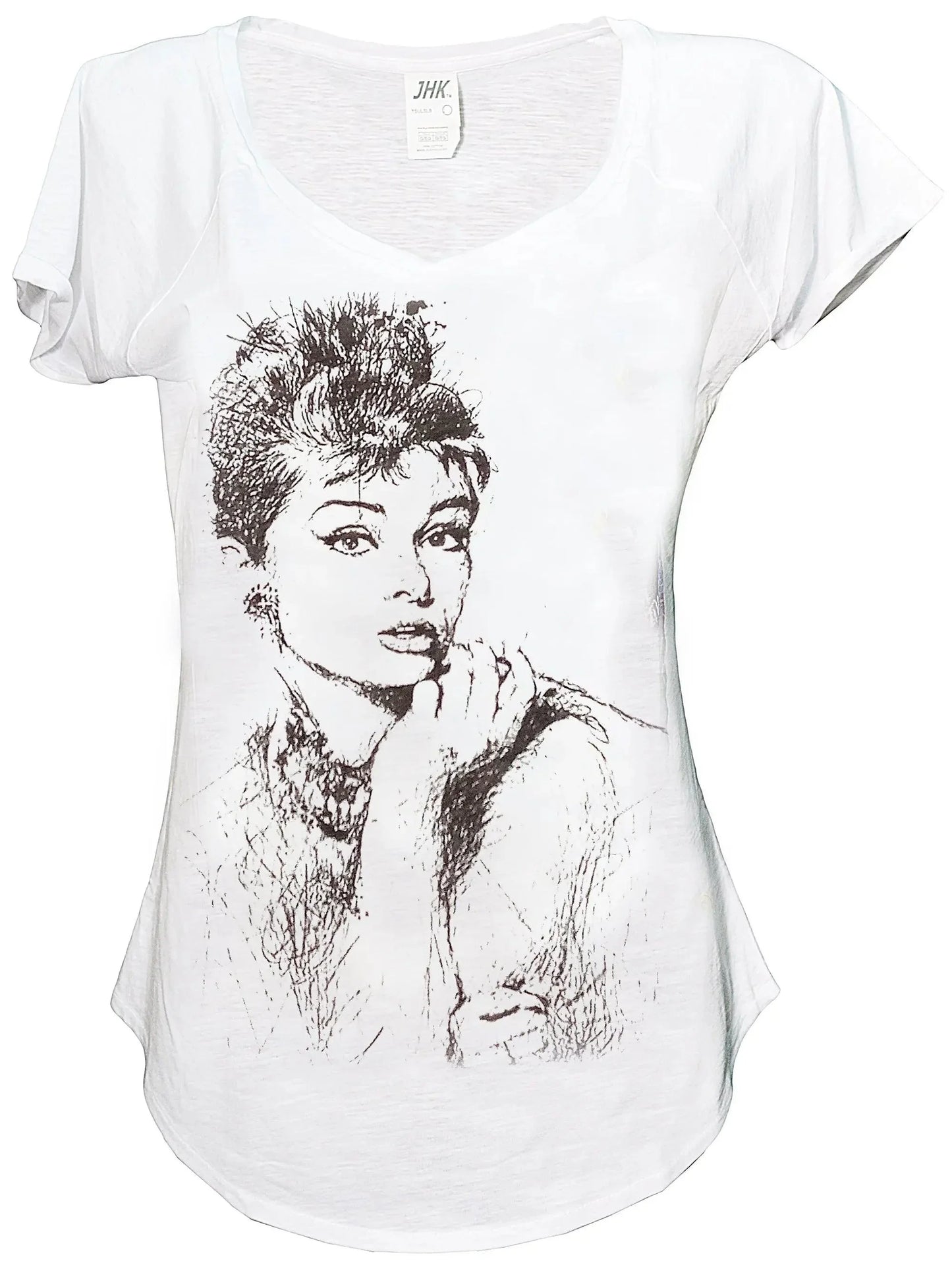 T-shirt donna bianca in cotone fiammato con stampa stilizzata attrice, stile streetwear urban