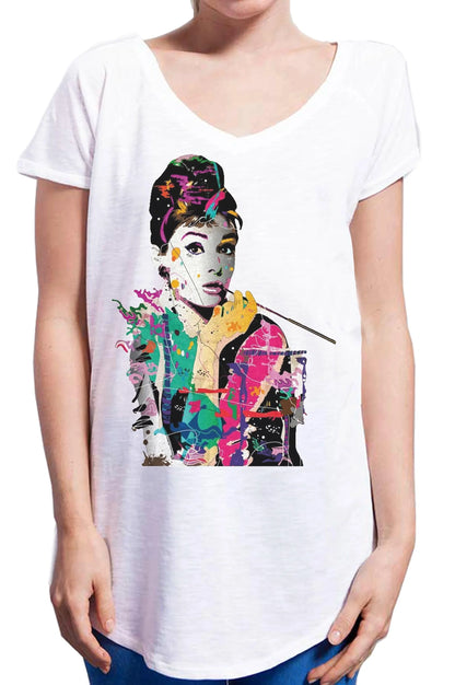 T-shirt bianca donna in cotone fiammato, stampa stilizzata colorata icona cinema, stile streetwear urban