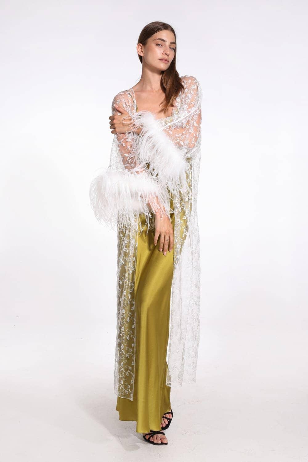 Amoralle Bare Daylight Robe for Women – Sheer French Chantilly Lace Robe with Hand-Sewn Ostrich Feathers, Elegant Long Kimono Bridal & Lounge Cover-Up - STREET STYLE