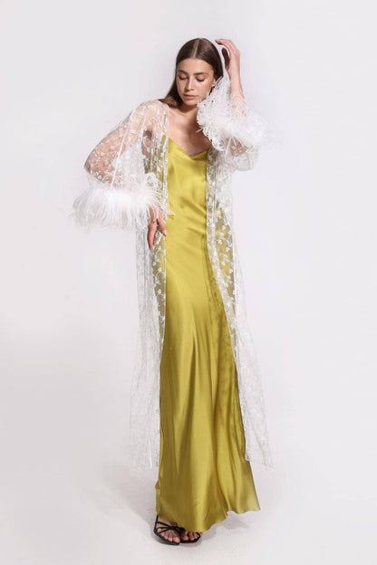 Amoralle Bare Daylight Robe for Women – Sheer French Chantilly Lace Robe with Hand-Sewn Ostrich Feathers, Elegant Long Kimono Bridal & Lounge Cover-Up - STREET STYLE