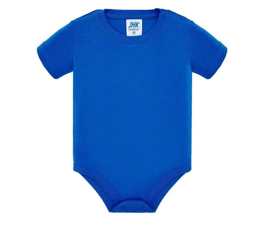 Body da neonato azzurro in cotone 100%, maniche corte, stile streetwear essenziale.