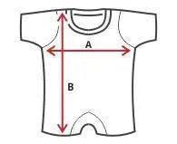 Disegno tecnico body neonato streetwear a maniche corte, cotone bianco, misure evidenziate