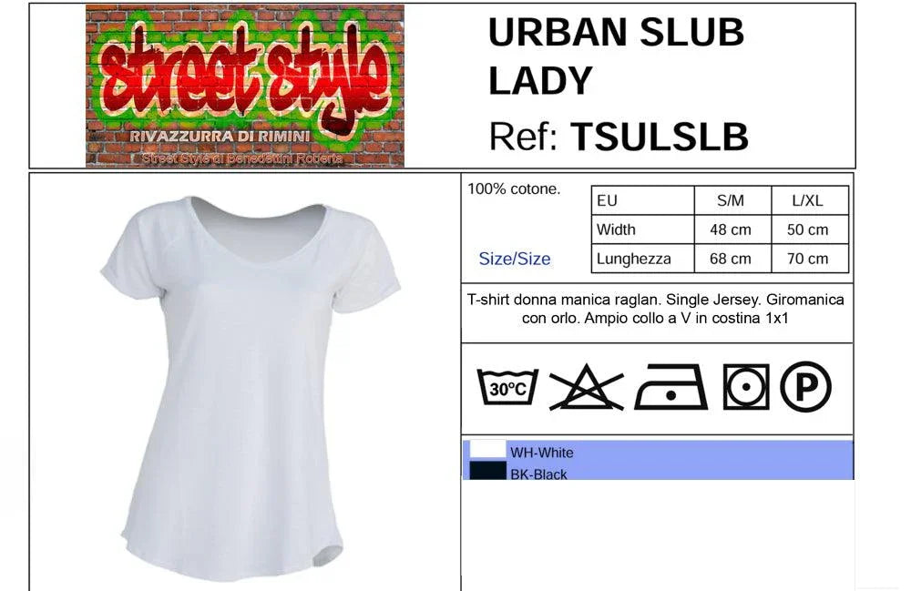T-shirt donna bianca urban streetwear, cotone 100%, manica raglan, scollo a V, stile casual