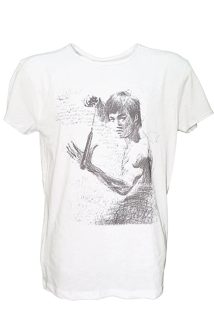 T-shirt uomo bianca in cotone fiammato con stampa streetwear urban disegno artistico