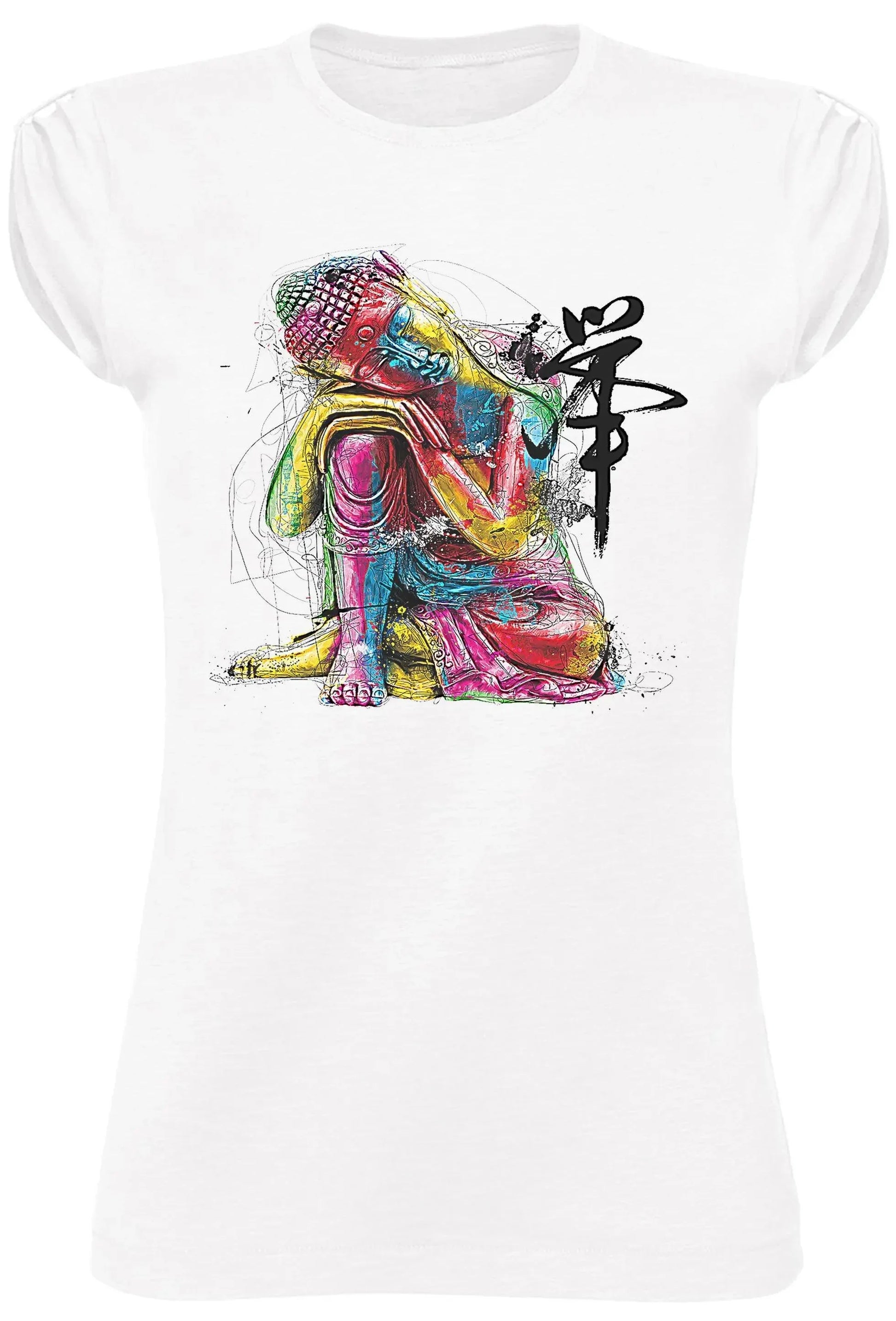 T-shirt donna bianca in cotone fiammato con stampa colorata Buddha arte streetwear urban.