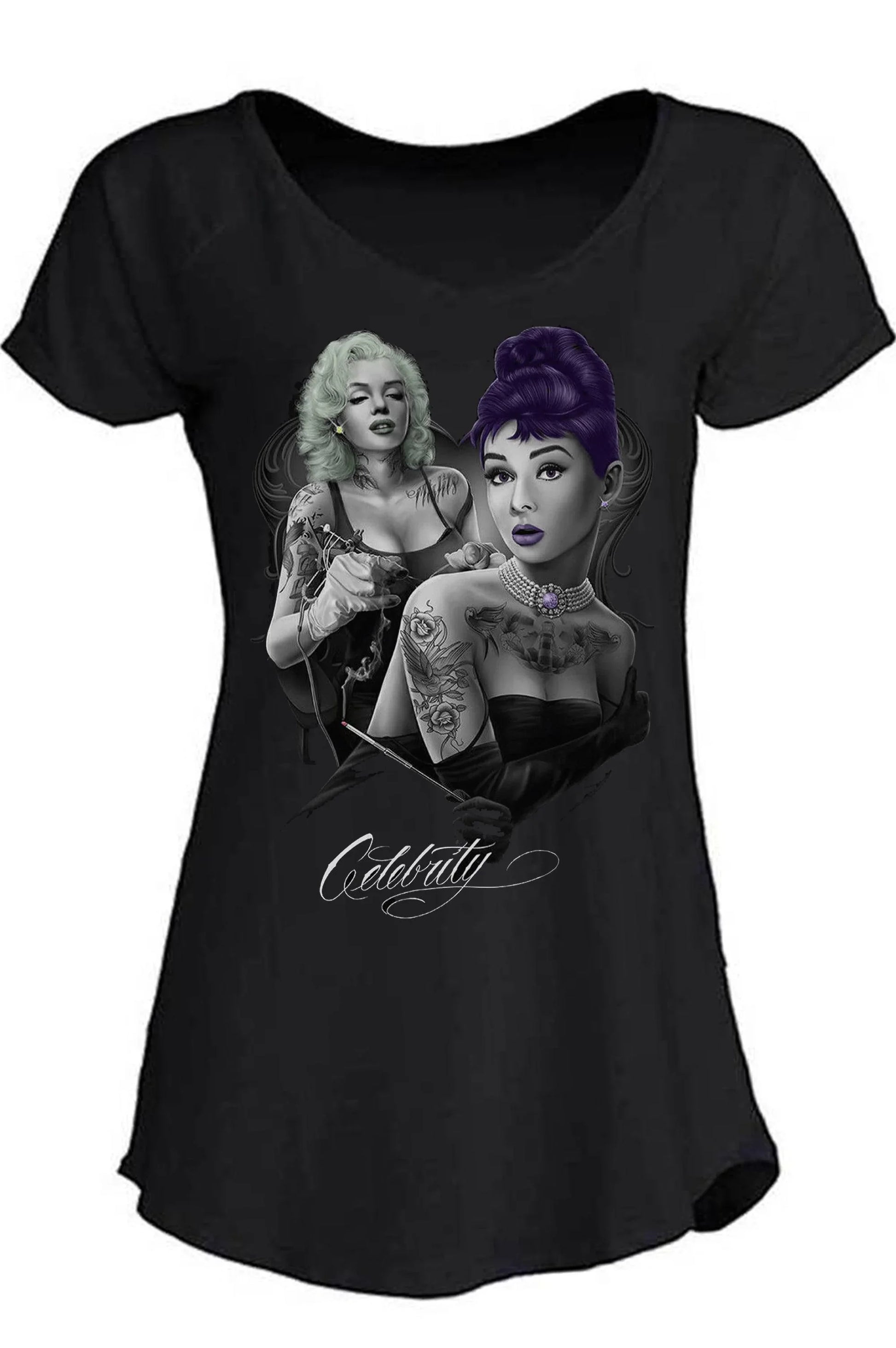 T-shirt donna cotone nero streetwear con grafica urban di due donne tatuate stile vintage, dettagli colorati nei capelli e gioielli, scritta celebrity.
