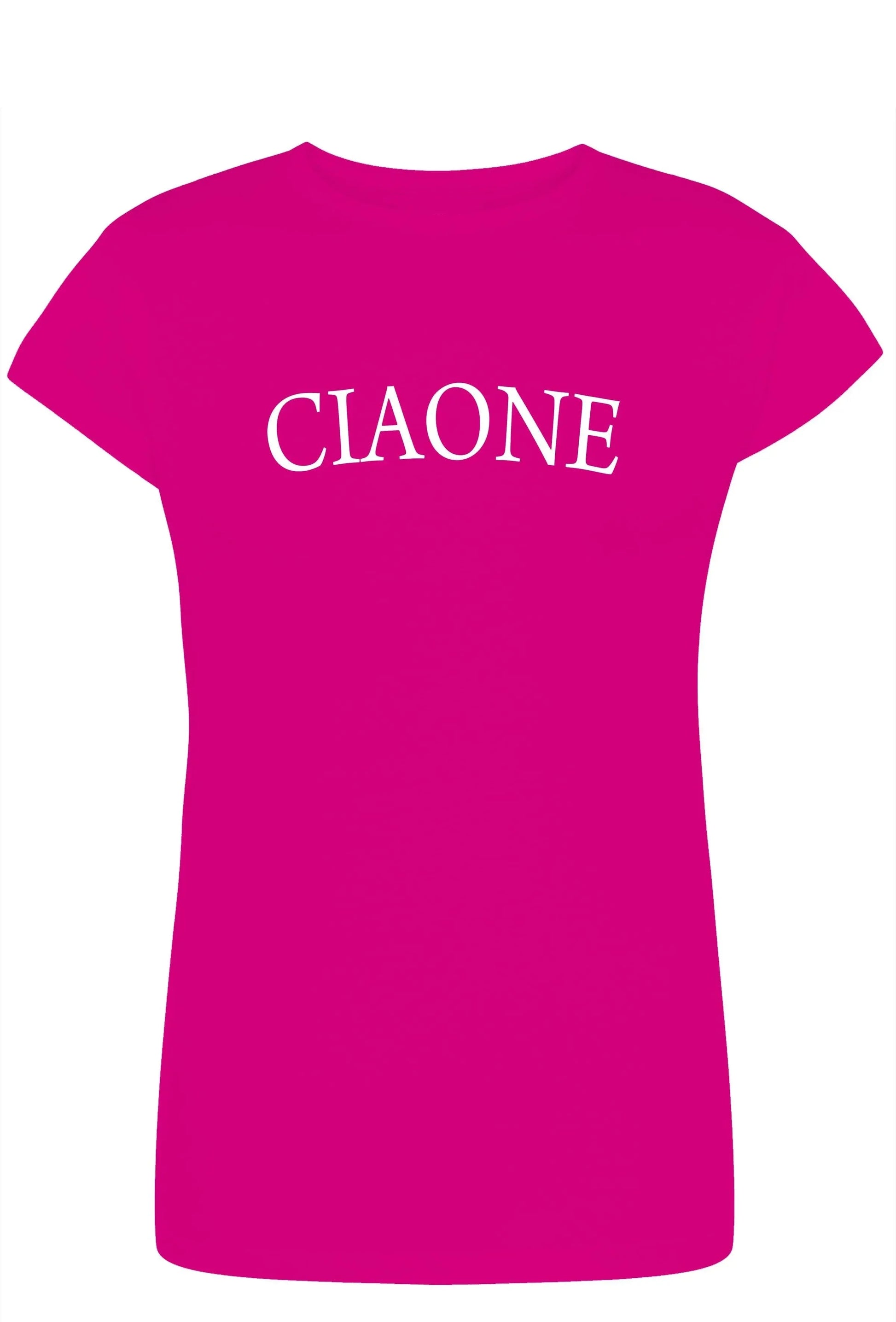 T-shirt donna streetwear fucsia in cotone con scritta bianca 'CIAONE', stile urban