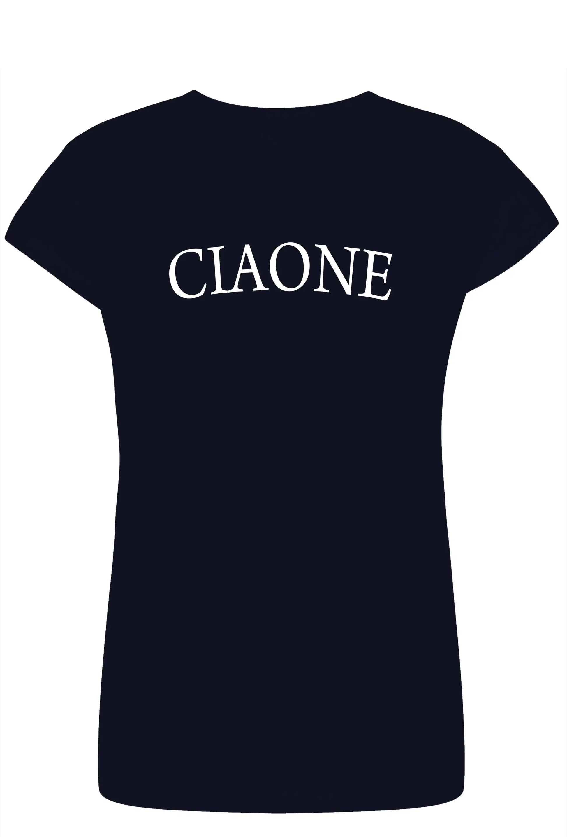 T-shirt donna streetwear nera in cotone pettinato con scritta CIAONE bianca frontale