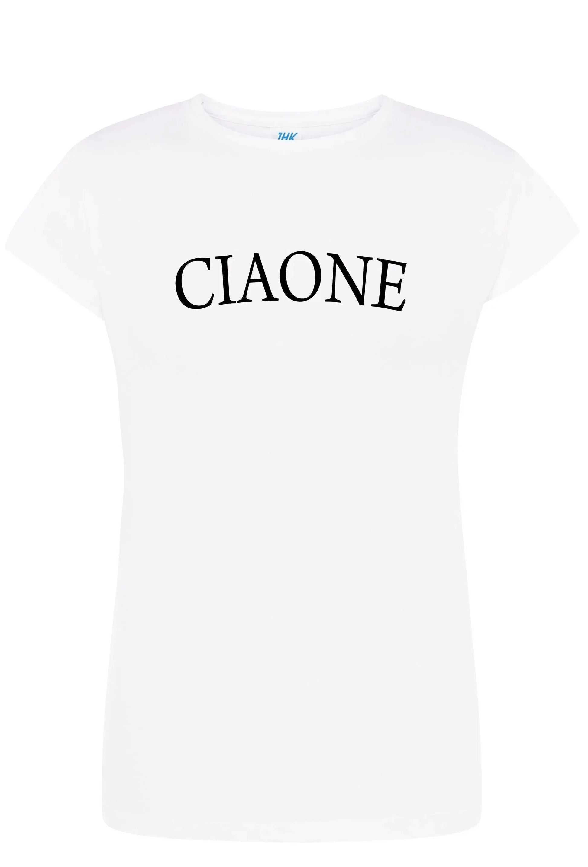 T-shirt donna bianca in cotone pettinato con scritta CIAONE, stile streetwear urban