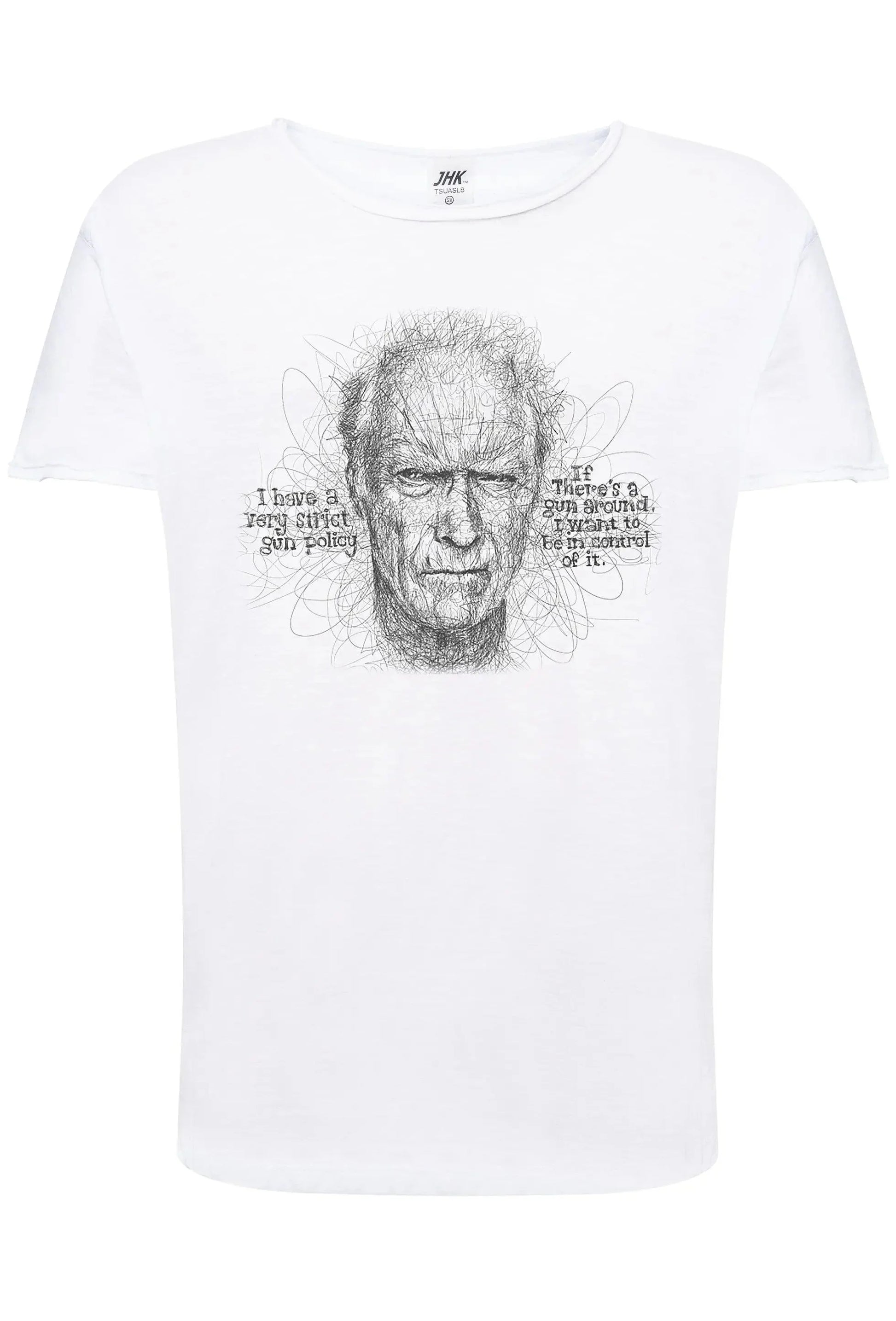 T-shirt streetwear uomo bianco in cotone fiammato con volto illustrato e scritta artistica.