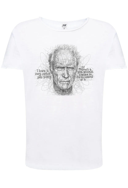 T-shirt streetwear uomo bianco in cotone fiammato con volto illustrato e scritta artistica.