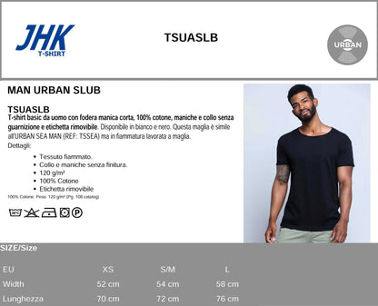 T-shirt uomo nera manica corta in cotone fiammato, stile streetwear urban, senza cuciture visibili.