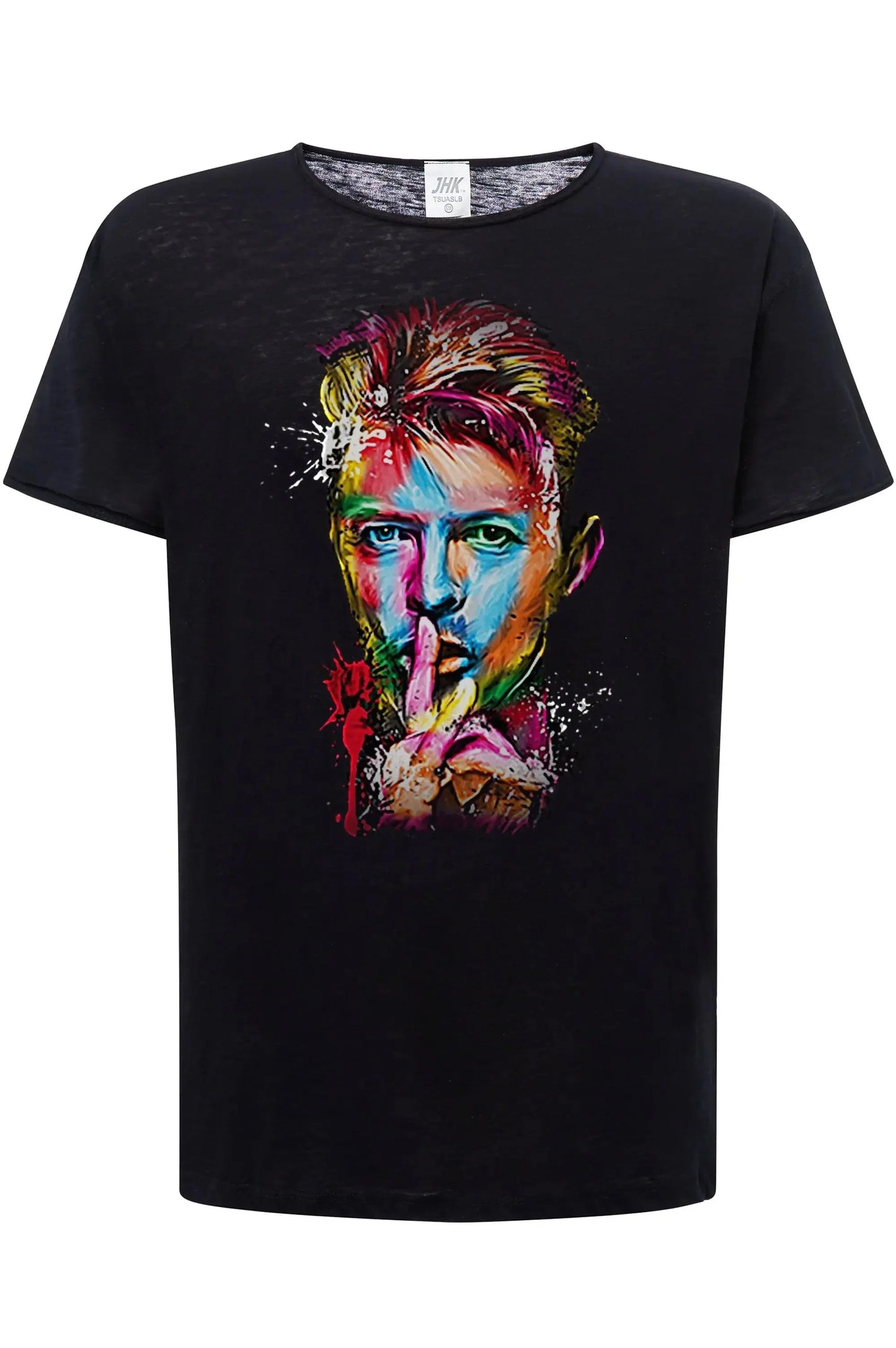 T-shirt uomo streetwear nera in cotone fiammato con stampa colorata frontale pop art