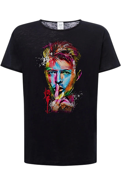 T-shirt uomo streetwear nera in cotone fiammato con stampa colorata frontale pop art