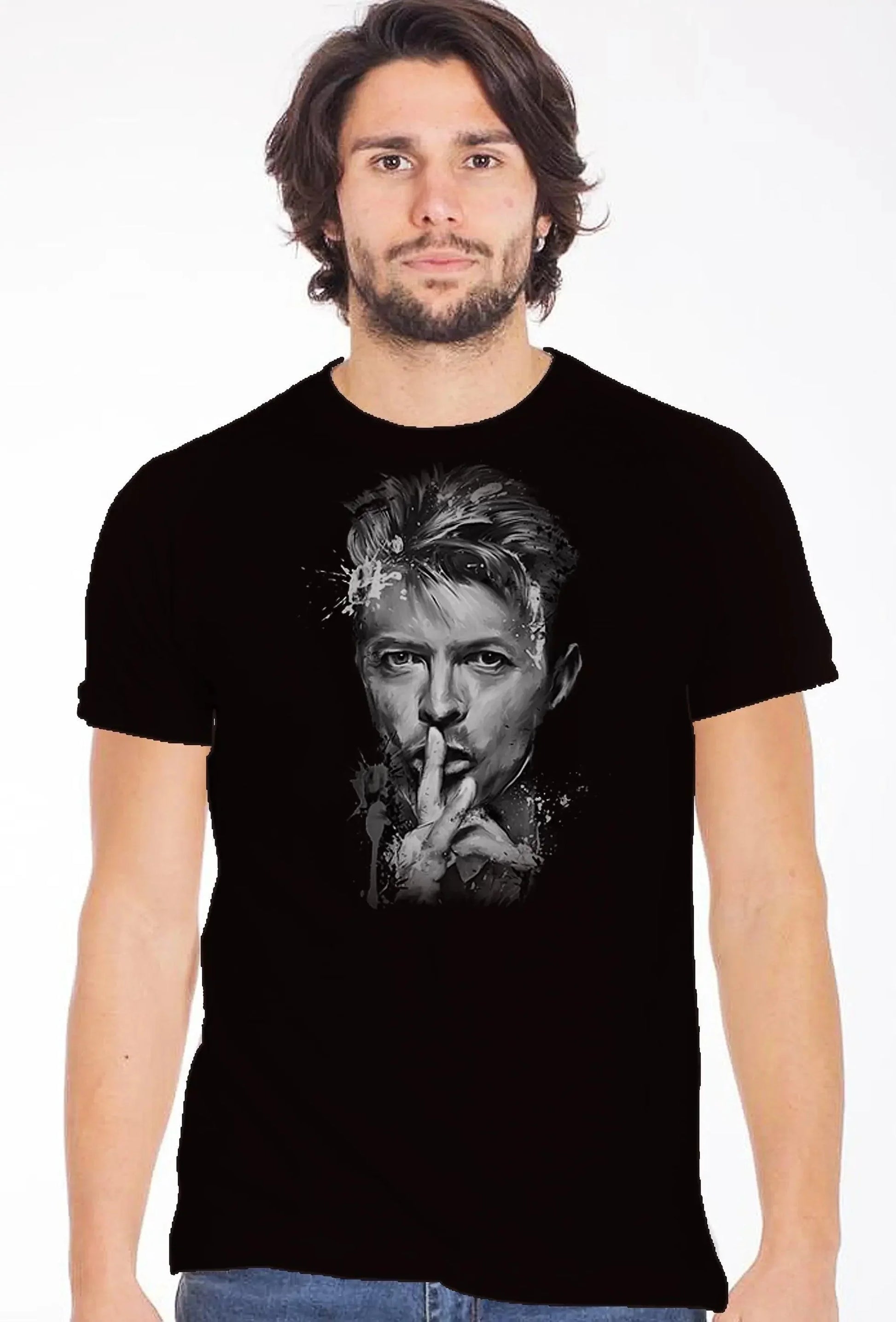 Maglietta streetwear nera in cotone con stampa artistica viso pop art per uomo, stile urban.
