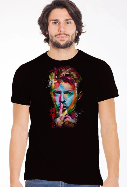 Maglietta uomo streetwear nera in cotone con stampa artistica colorata di volto pop art