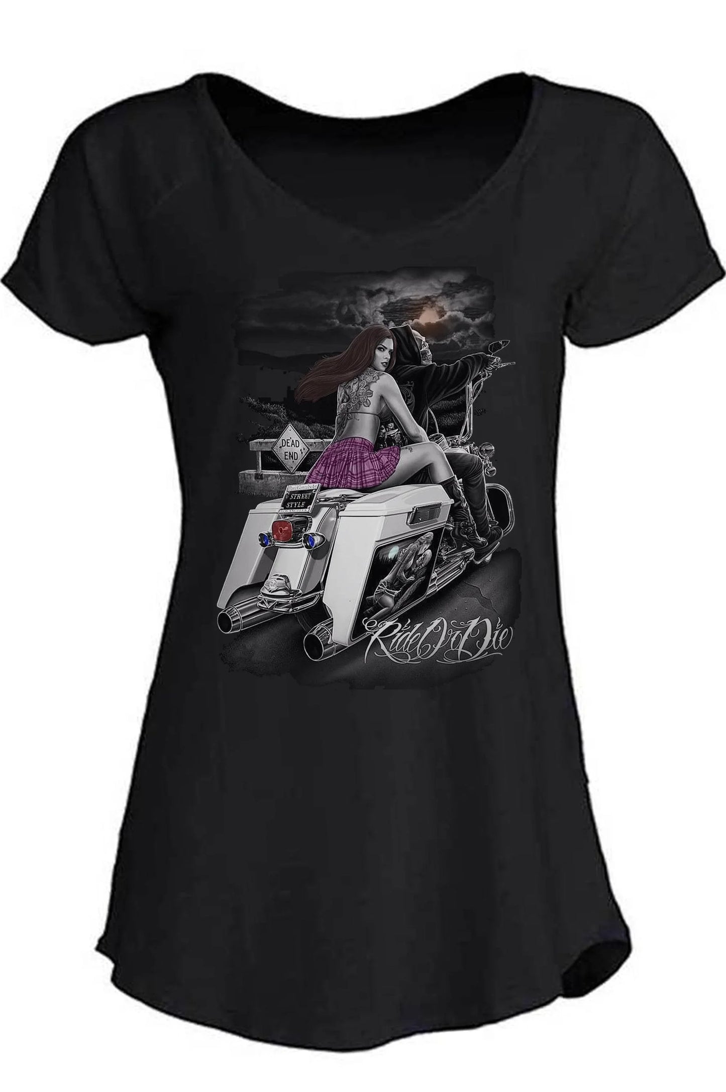 T-shirt nera donna in cotone con stampa streetwear, moto bianca, ragazza tatuata e scritta Ride or Die.