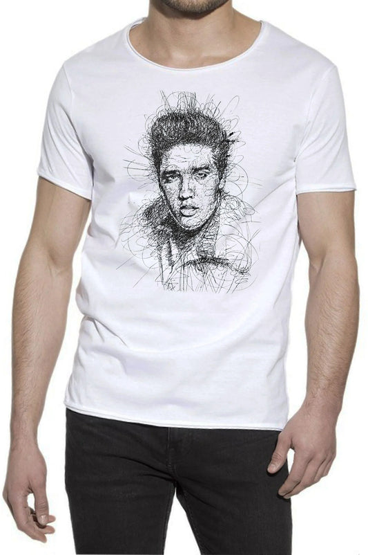 T-shirt uomo bianca 100% cotone fiammato con stampa artista stilizzata, stile streetwear urban.