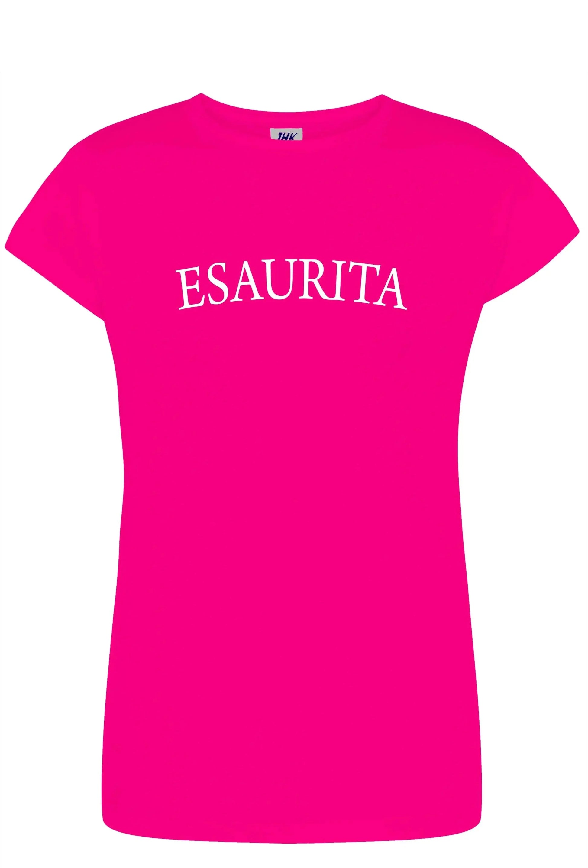 T-shirt donna fucsia in cotone pettinato, stile streetwear, scritta ESAURITA bianca