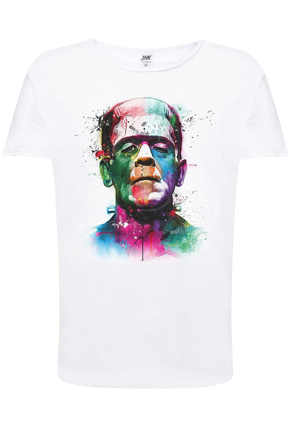 T-shirt uomo bianca in cotone fiammato con stampa artistica colorata di volto Frankenstein, stile streetwear urban